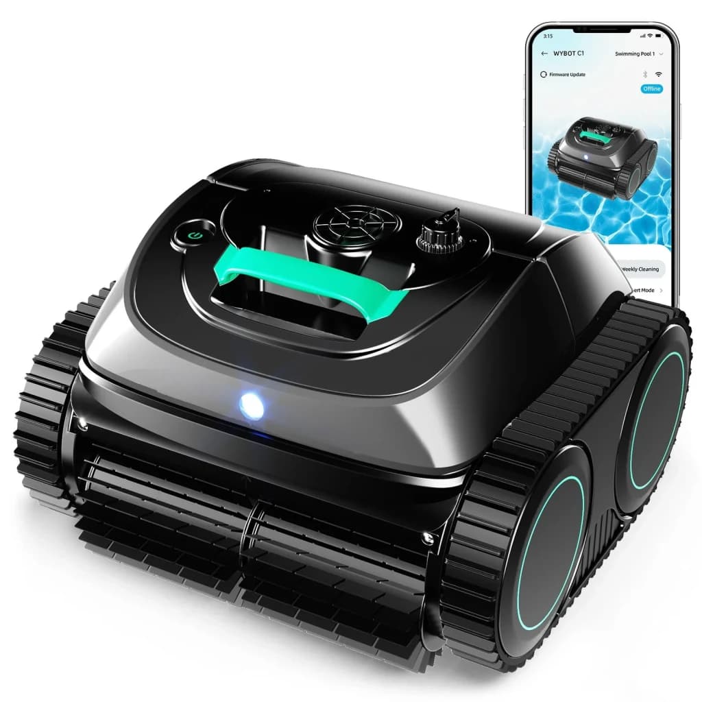 Robot limpiafondos Wybot M2 Filtración doble 180μm + 40ppi Hasta 400m² cobertura, vista frontal con app: orugas, asa verde