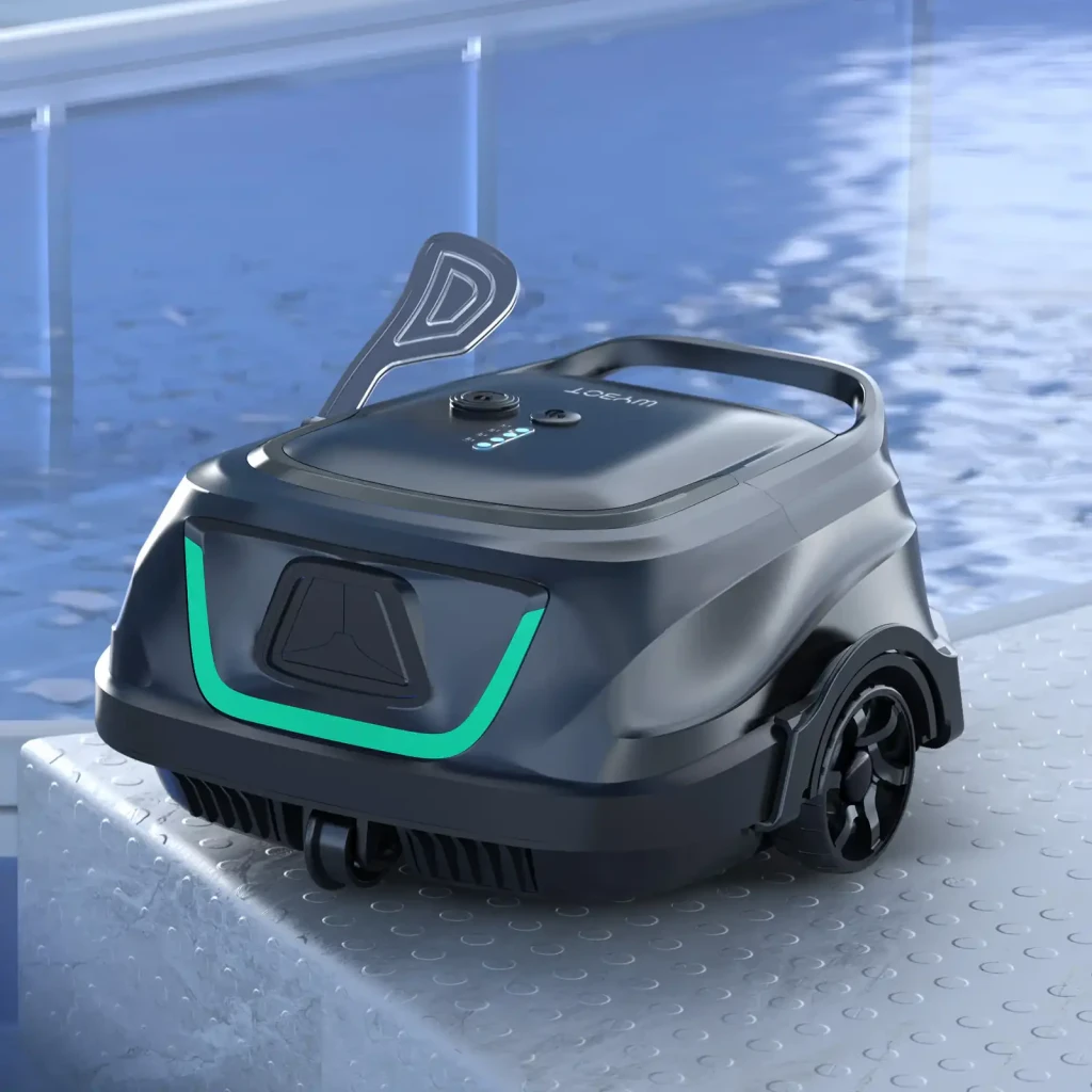 Robot limpiafondos Wybot M2 Filtración doble 180μm + 40ppi Hasta 400m² cobertura, vista lateral-frontal: cuerpo gris