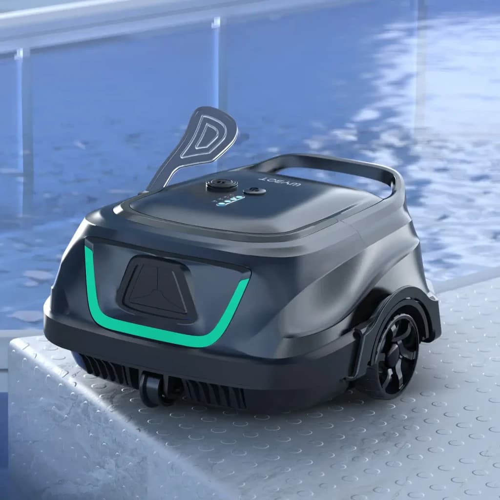 Robot limpiafondos Wybot M2 Filtración doble 180μm + 40ppi Hasta 400m² cobertura, vista lateral-frontal: cuerpo gris