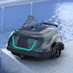 Robot limpiafondos Wybot M2 Filtración doble 180μm + 40ppi Hasta 400m² cobertura, vista lateral-frontal: cuerpo gris