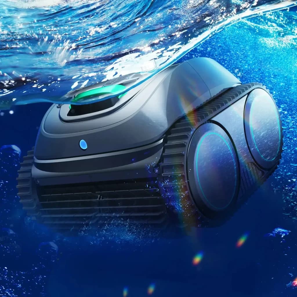 Robot limpiafondos Wybot M2 Filtración doble 180μm + 40ppi Hasta 400m² cobertura, vista lateral sumergida: orugas, luz verde