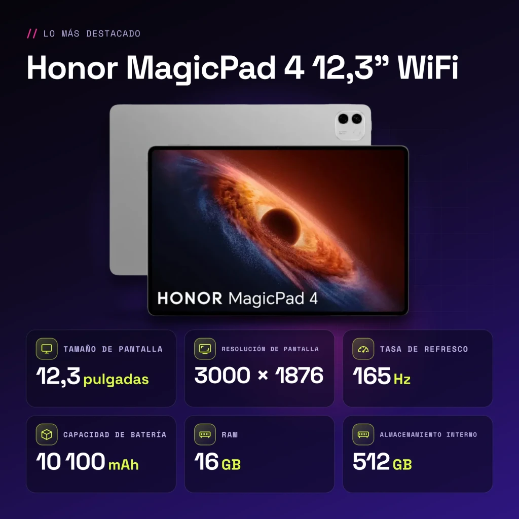 Honor MagicPad 4 12,3 pulgadas WiFi 16GB/512GB Gris OLED 165Hz Snapdragon 8 Gen 2 10100mAh - características