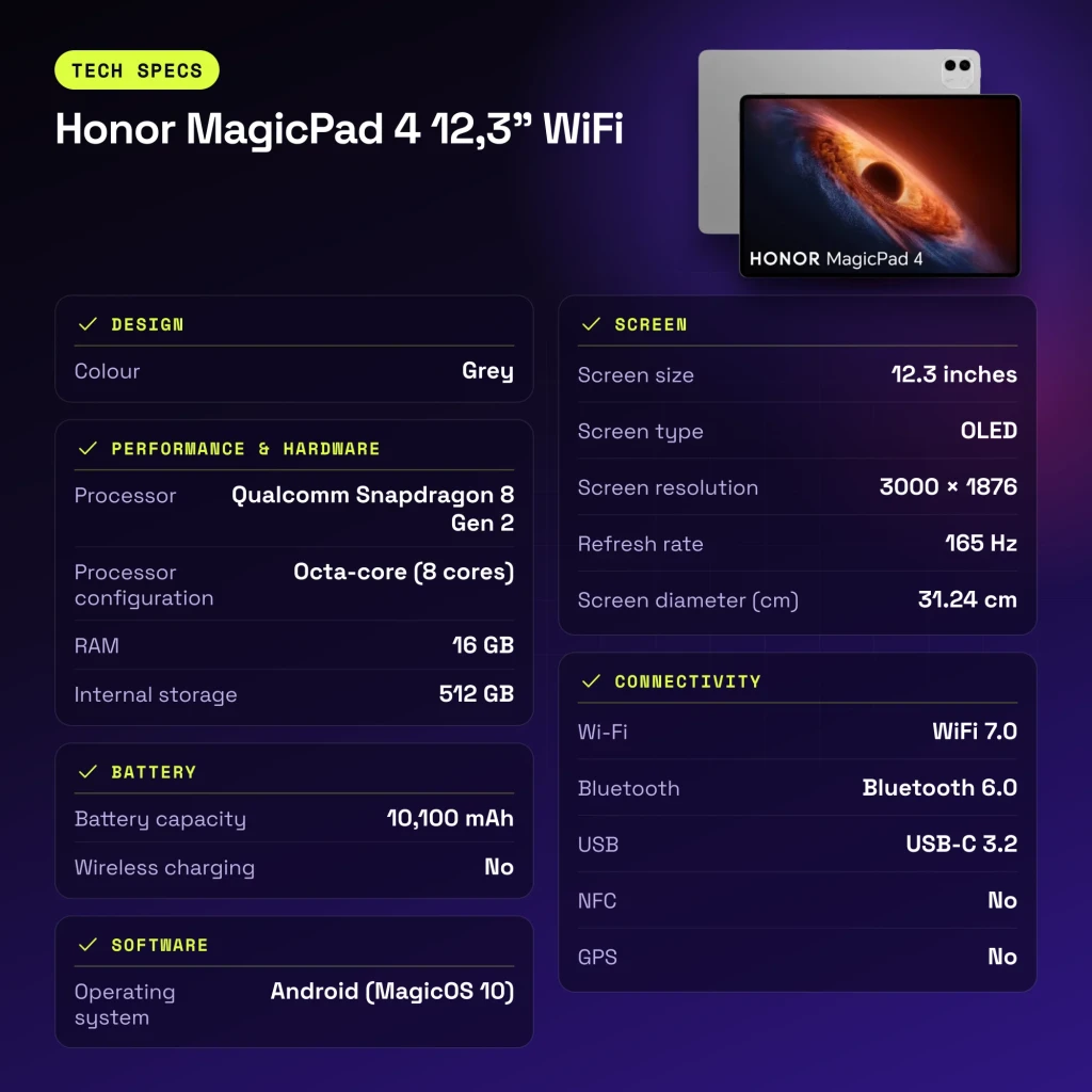 Honor MagicPad 4 12,3 pulgadas WiFi 16GB/512GB Gris OLED 165Hz Snapdragon 8 Gen 2 10100mAh - características