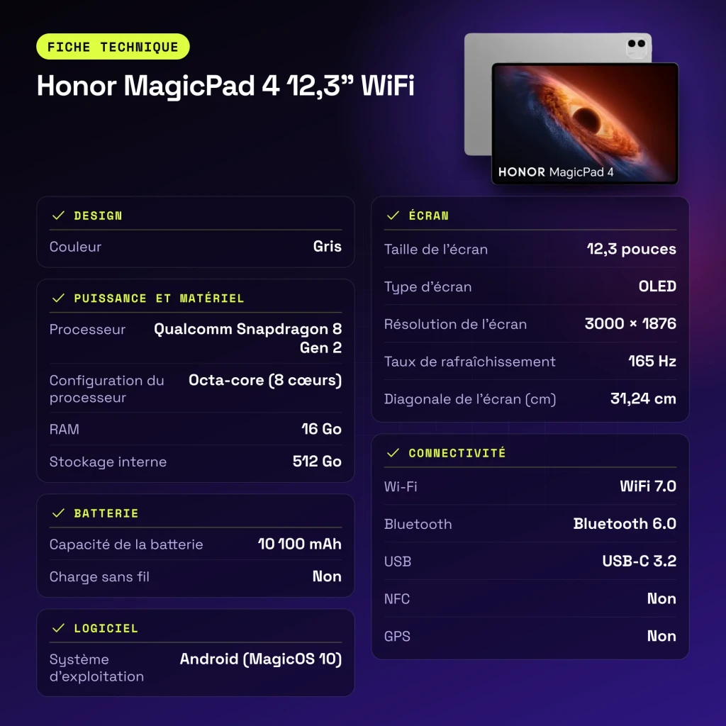 Honor MagicPad 4 12,3 pulgadas WiFi 16GB/512GB Gris OLED 165Hz Snapdragon 8 Gen 2 10100mAh - características