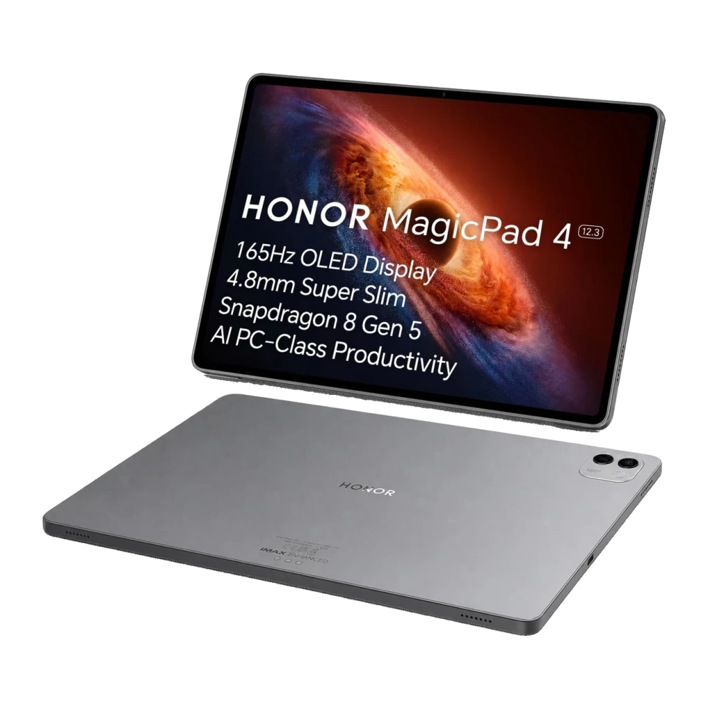 Honor MagicPad 4 12,3 pulgadas WiFi 16GB/512GB Gris OLED 165Hz Snapdragon 8 Gen 2 10100mAh, vista frontal y trasera