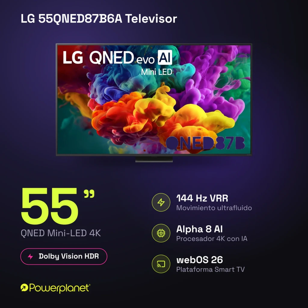 Televisor LG 55QNED87B6A de 55 pulgadas con pantalla QNED MiniLED 4K, colores vibrantes, contraste preciso y marco fino sobre base metálica - Ítem6