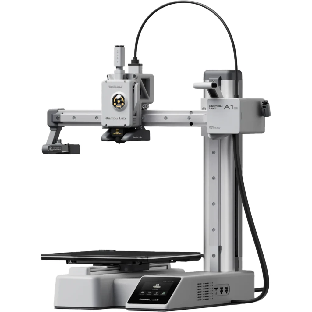 Bambu Lab A1 Mini Impressora 3D compacta com estrutura metálica, cabeçote com bico visível, e mesa aquecida plana; tela frontal e guias lineares robustas - Item1
