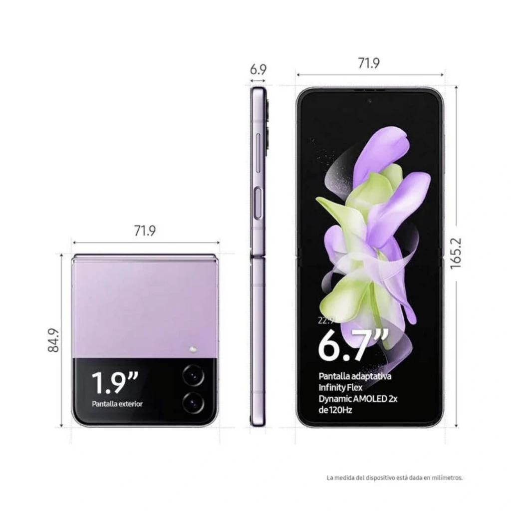 Samsung Galaxy Z Flip4 5G violeta recondicionado, bom estado. Tela dobrável AMOLED, câmeras duplas traseiras, bordas metálicas, dobradiça central visível. - Item2