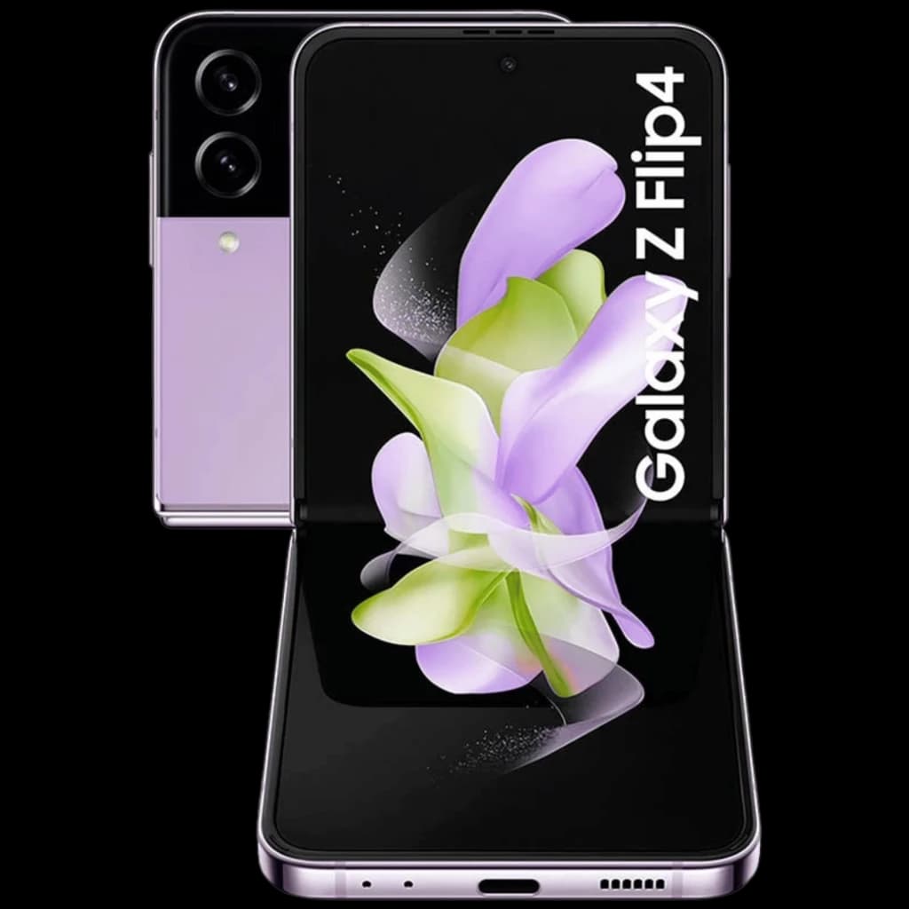 Samsung Galaxy Z Flip4 5G violeta recondicionado, bom estado. Tela dobrável AMOLED, câmeras duplas traseiras, bordas metálicas, dobradiça central visível.