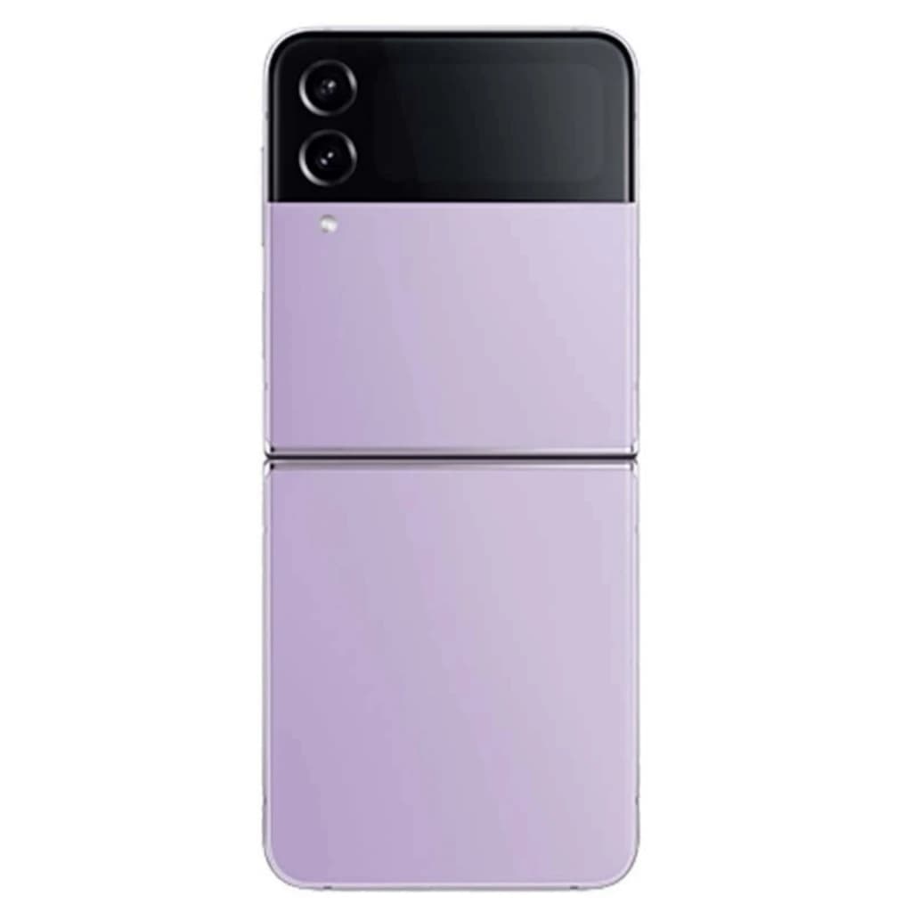 Samsung Galaxy Z Flip4 5G violeta dobrável, traseira bicolor com dois sensores de câmera verticais e flash, acabamento recondicionado em bom estado, 128 GB