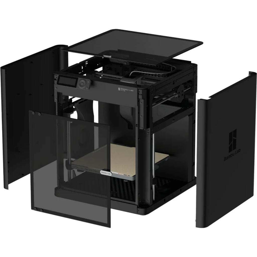 Bambu Lab P1S impressora 3D preta com câmara fechada, visor digital à esquerda, filtro de carvão integrado e volume de impressão visível na base - Item3
