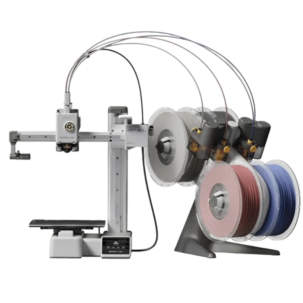 Bambu Lab A1 Mini Combo FDM com AMS Lite 4 cores, extrusor direto, bico único, estrutura compacta, display frontal e cabos coloridos de filamento - Item1