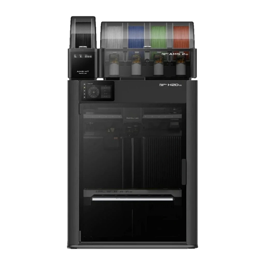 Impressora 3D FDM preta com gabinete fechado, visor frontal, extrusora H2D, AMS de 4 carretéis coloridos no topo e porta transparente para área de impressão - Item8