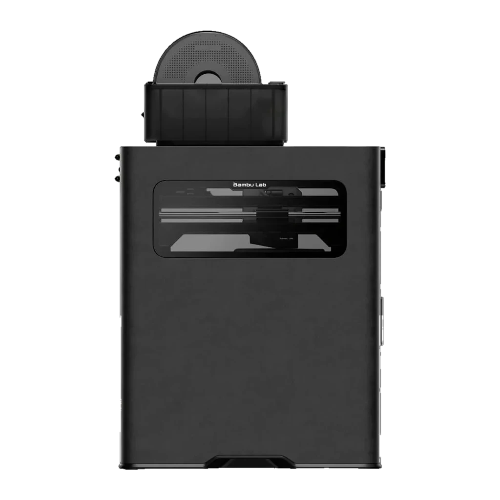 Impressora 3D FDM preta com gabinete fechado, visor frontal, extrusora H2D, AMS de 4 carretéis coloridos no topo e porta transparente para área de impressão - Item7