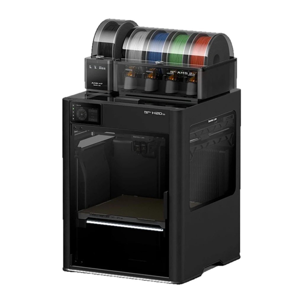 Impressora 3D FDM preta com gabinete fechado, visor frontal, extrusora H2D, AMS de 4 carretéis coloridos no topo e porta transparente para área de impressão - Item1