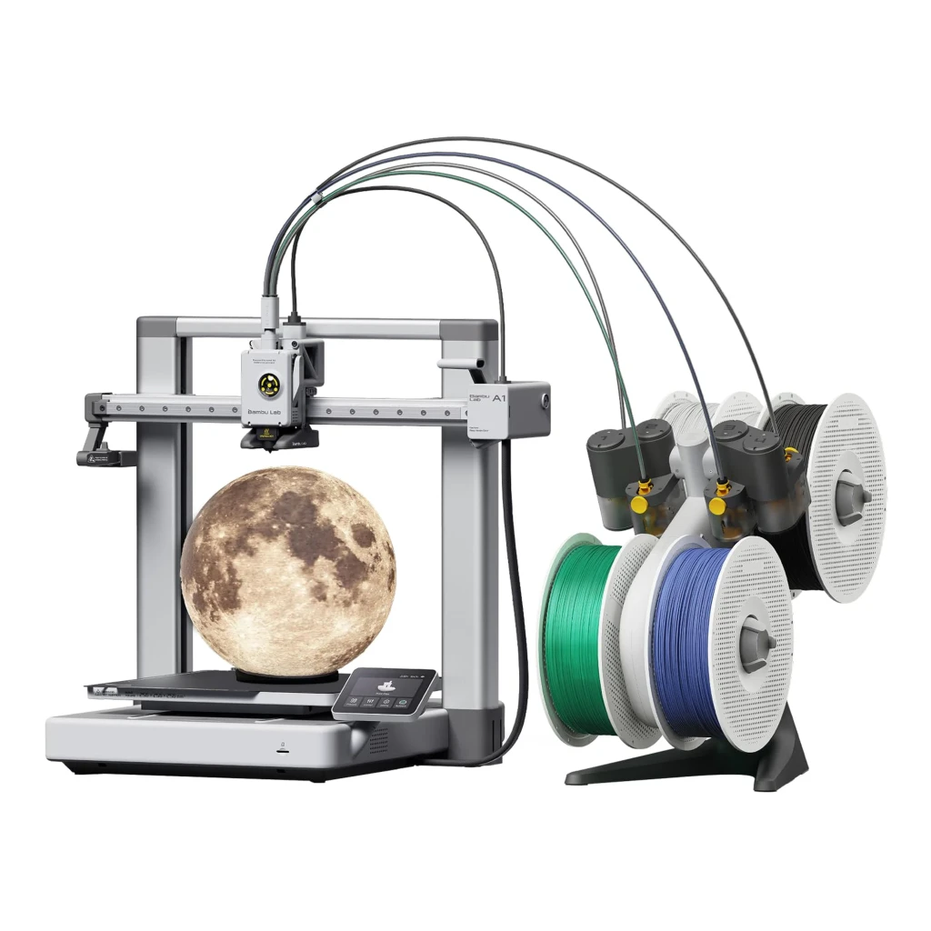 Impressora 3D Bambu Lab A1 Combo com AMS Lite de 4 cores, estrutura metálica, extrusor frontal, mesa aquecida e suporte lateral para múltiplos filamentos - Item1