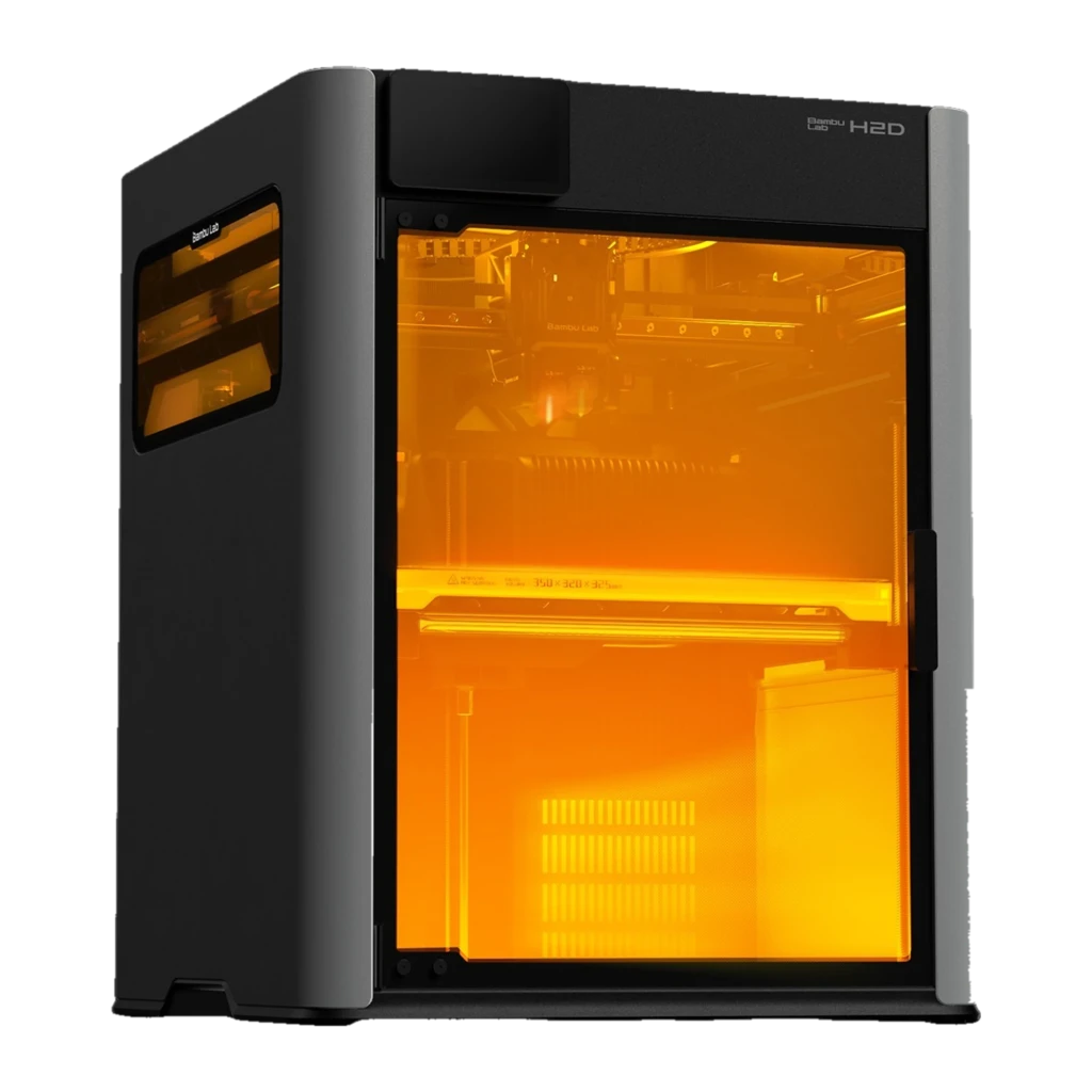 Bambu Lab H2D impressora 3D FDM em gabinete cinza, porta frontal transparente, visor superior esquerdo e extrusora dupla visível no interior - Item2