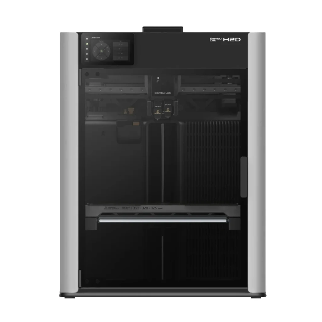 Bambu Lab H2D impressora 3D FDM em gabinete cinza, porta frontal transparente, visor superior esquerdo e extrusora dupla visível no interior - Item1