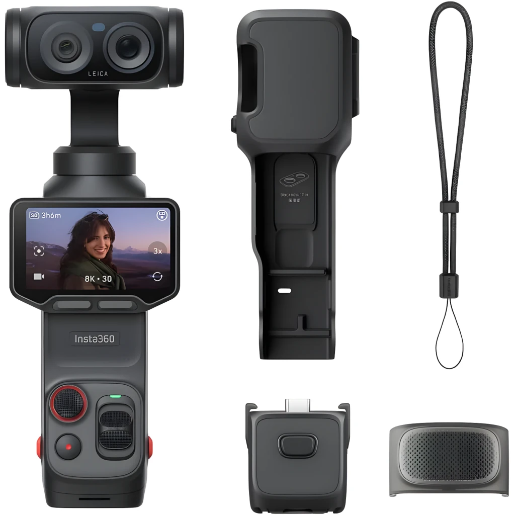 Poignée caméra avec écran, tête stabilisée à 3 axes, double optique Leica, commandes rouges et noires, design compact pour prises de vue fluides et - Ítem1