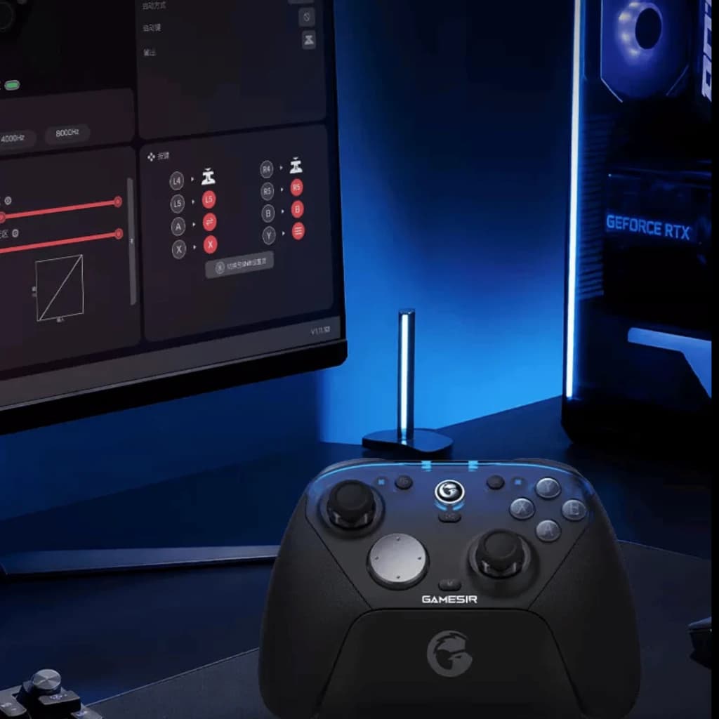 Mando GameSir G7 Pro 8K Uranus negro con joysticks simétricos, cruceta, botones ABXY iluminados y conector USB; compatible 2.4G y Bluetooth en setup gamer