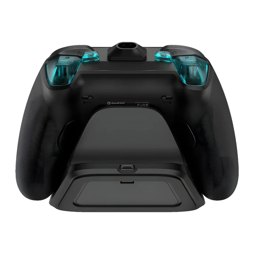 Mando GameSir G7 Pro 8K Aimlabs Edition Cian Inalámbrico con carcasa translúcida cian, joysticks texturizados, botón dorado, cruceta y base negra con logo - Ítem1