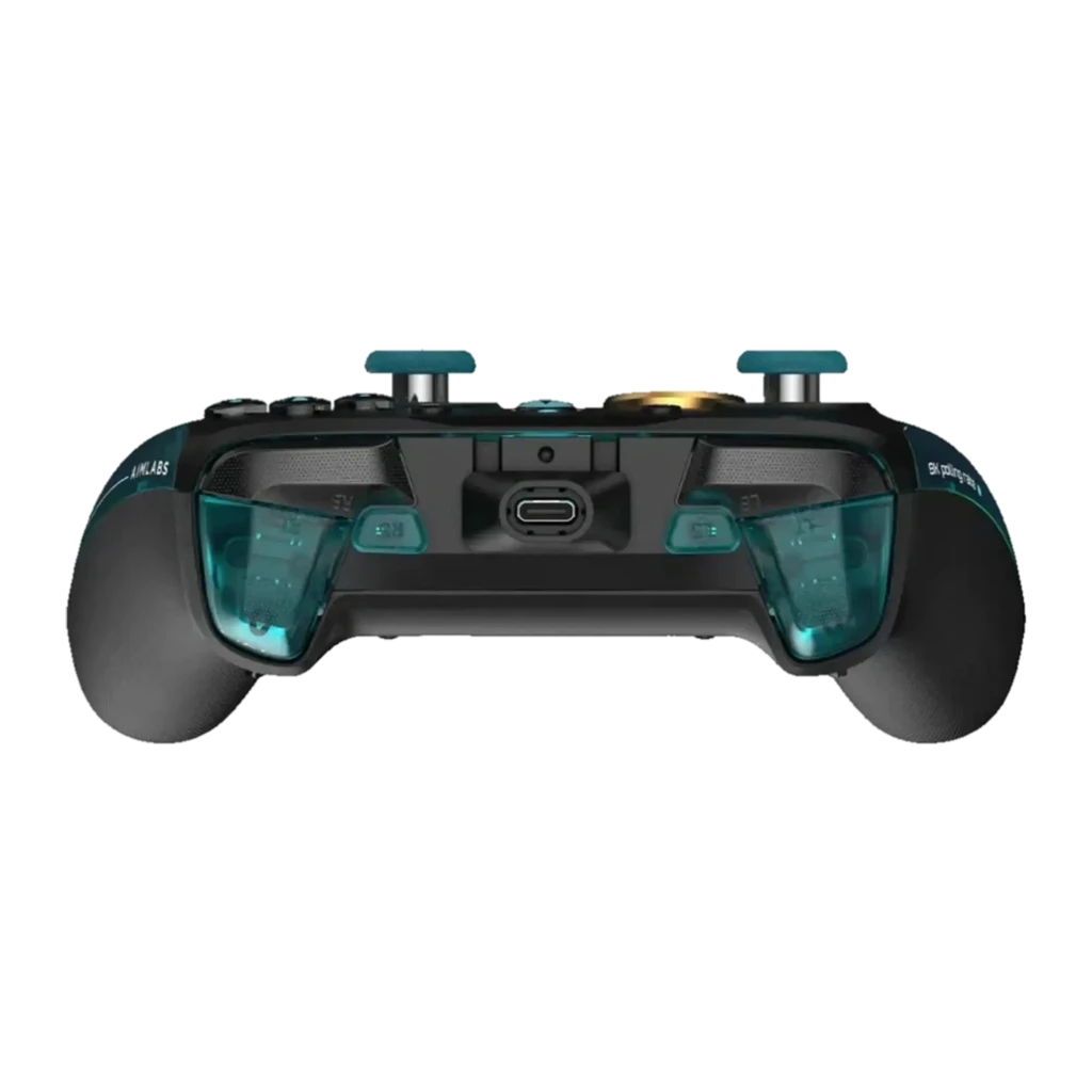 Mando GameSir G7 Pro 8K Aimlabs Edition Cian Inalámbrico con carcasa translúcida cian, joysticks texturizados, botón dorado, cruceta y base negra con logo - Ítem3