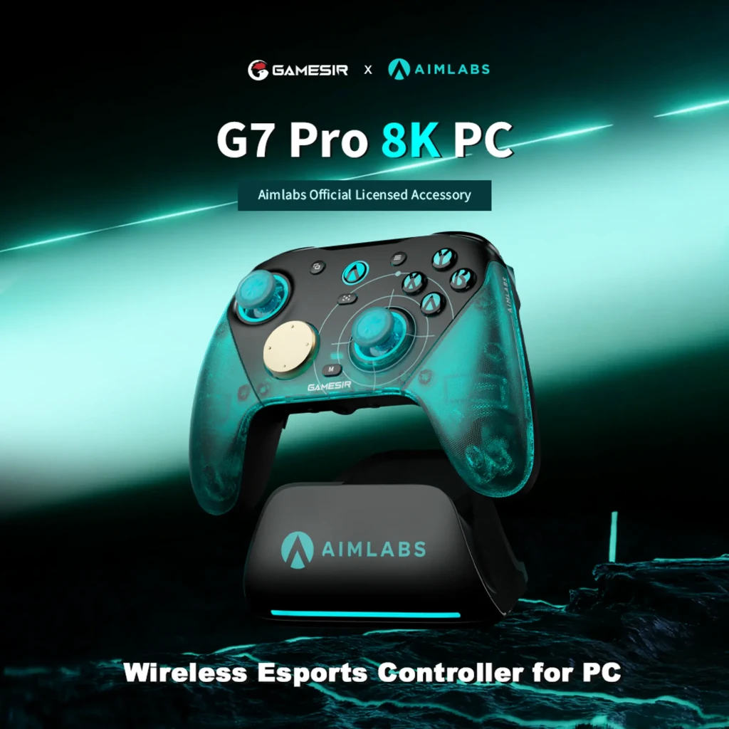 Mando GameSir G7 Pro 8K Aimlabs Edition Cian Inalámbrico con carcasa translúcida cian, joysticks texturizados, botón dorado, cruceta y base negra con logo - Ítem5