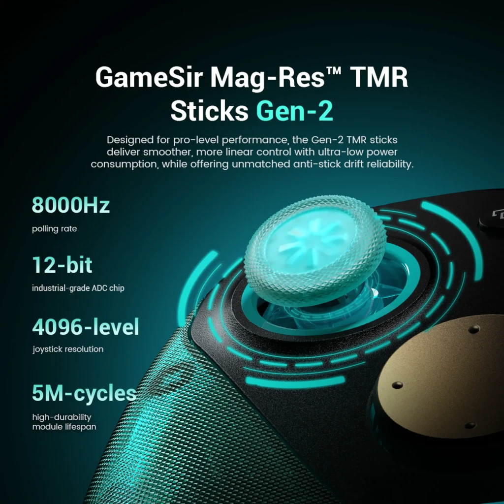 Mando GameSir G7 Pro 8K Aimlabs Edition Cian Inalámbrico con carcasa translúcida cian, joysticks texturizados, botón dorado, cruceta y base negra con logo - Ítem7