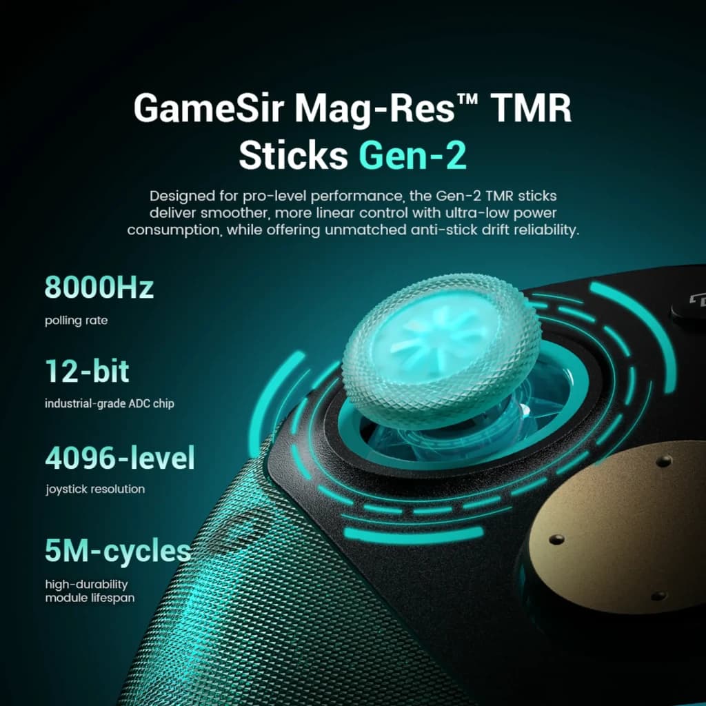 Mando GameSir G7 Pro 8K Aimlabs Edition Cian inalámbrico con sticks TMR Gen-2 cian translúcidos, textura antideslizante, LED sutil y detalles en negro