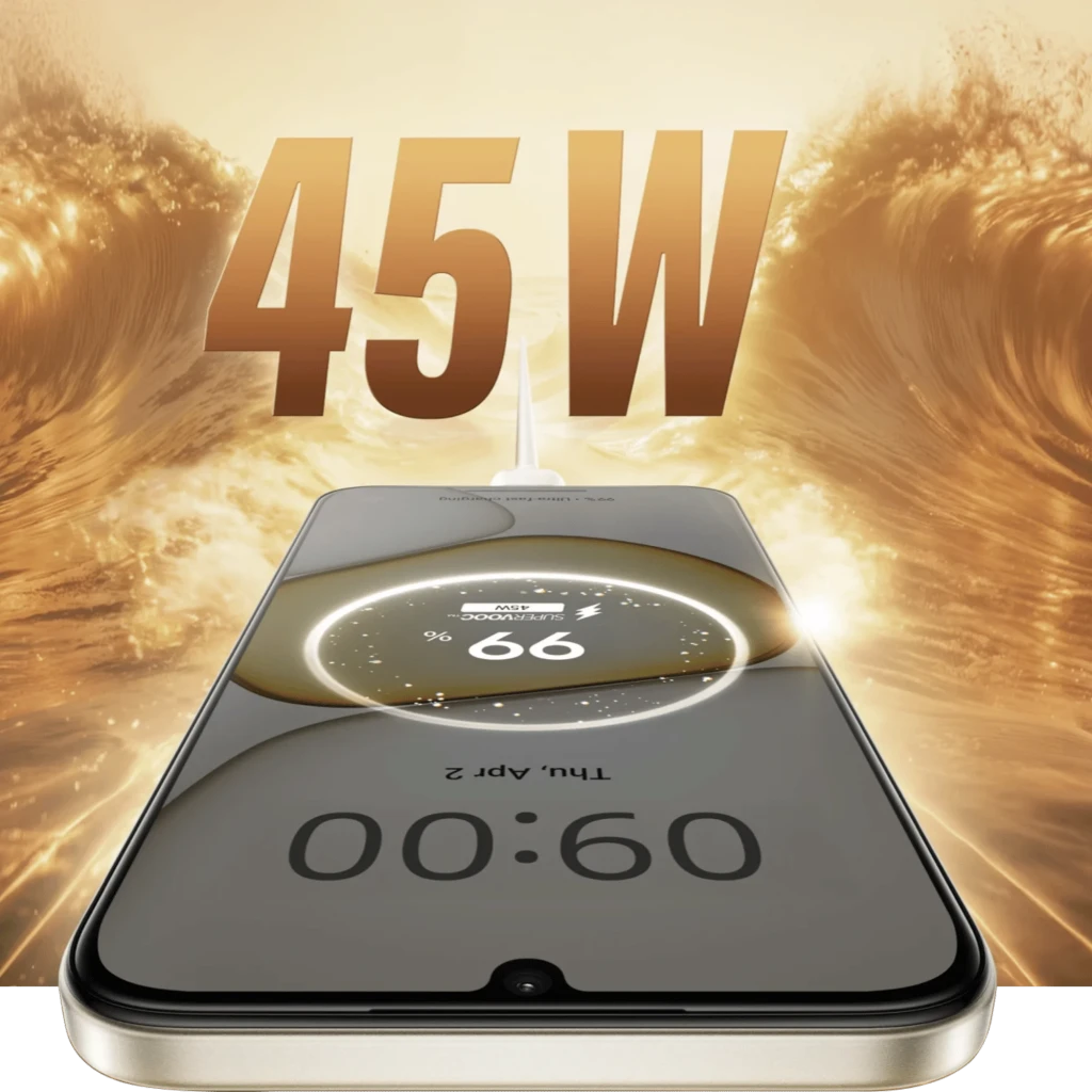Smartphone dourado com tela 6,8 polegadas IPS LCD, entalhe em gota, câmera dupla traseira com módulo oval e traseira perolada com padrão fluido elegante - Item3