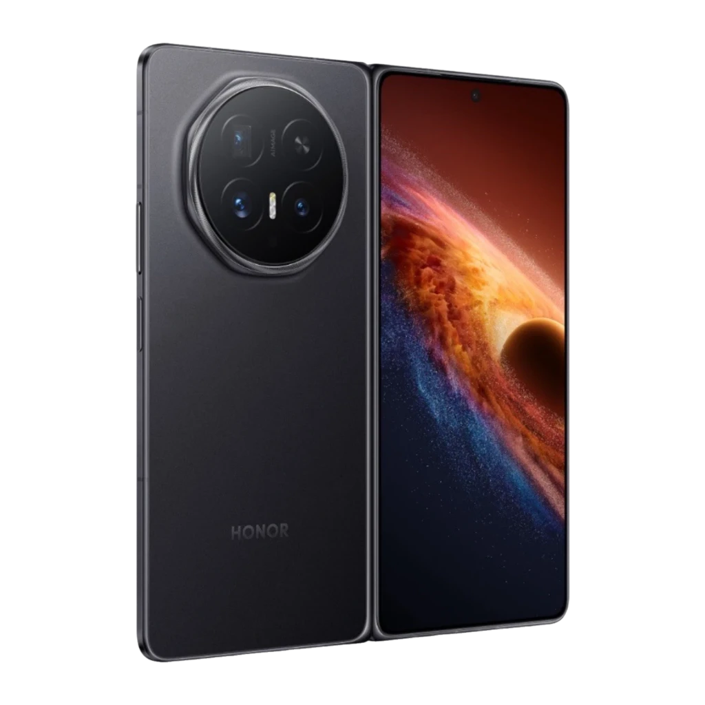Honor Magic V6 5G negro plegable con gran pantalla interna, cubierta externa perforada y módulo de cámaras circular con teleobjetivo periscópico 2.5x - Ítem1