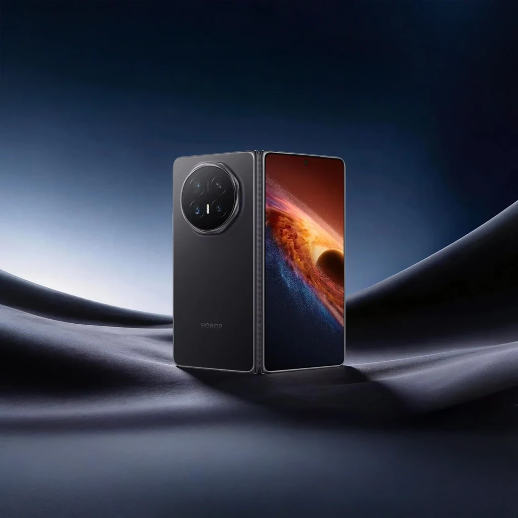 Honor Magic V6 5G negro plegable con gran pantalla interna, cubierta externa perforada y módulo de cámaras circular con teleobjetivo periscópico 2.5x - Ítem4