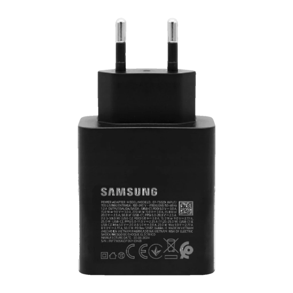 Cargador de pared negro Samsung Power Duo EP-T5020 con dos puertos USB-C frontales, salida 50W y 25W, diseño compacto con clavija europea y acabado mate - Ítem3