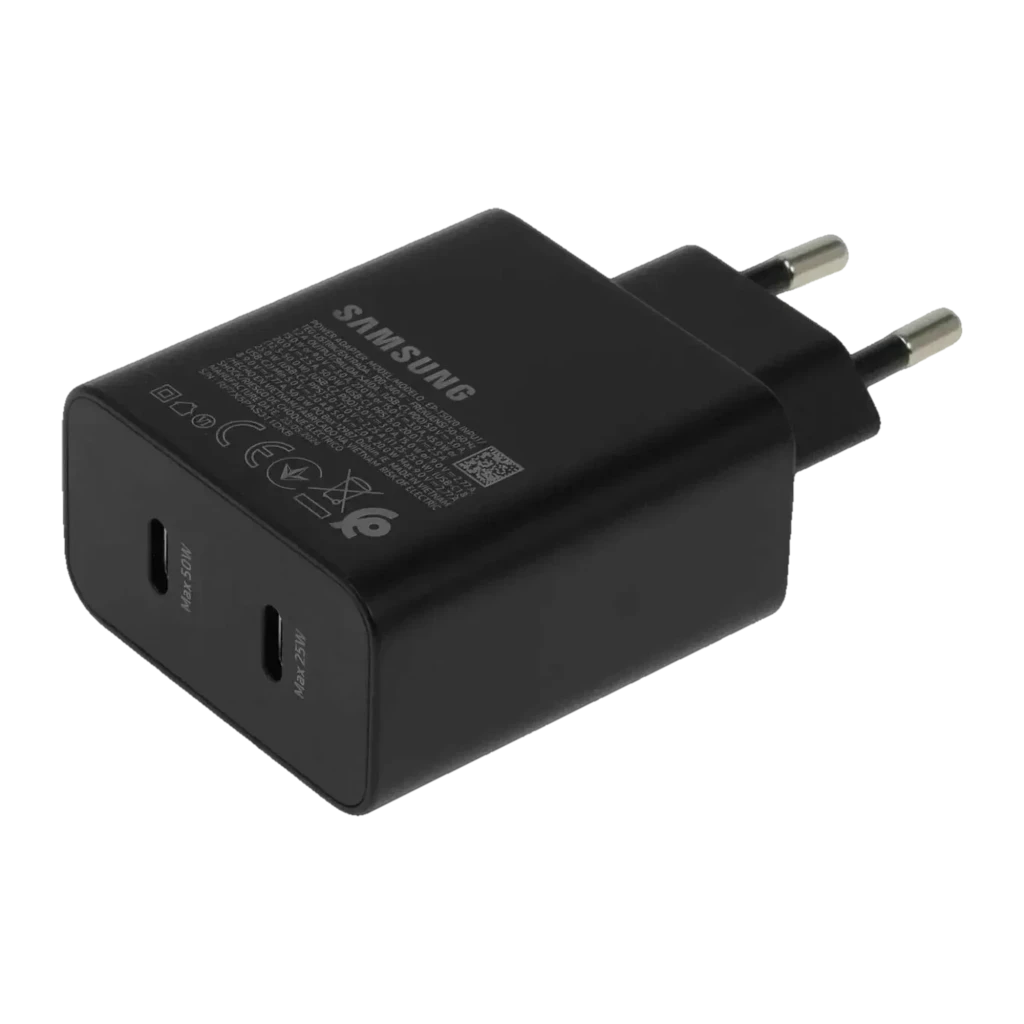 Cargador de pared negro Samsung Power Duo EP-T5020 con dos puertos USB-C frontales, salida 50W y 25W, diseño compacto con clavija europea y acabado mate - Ítem2