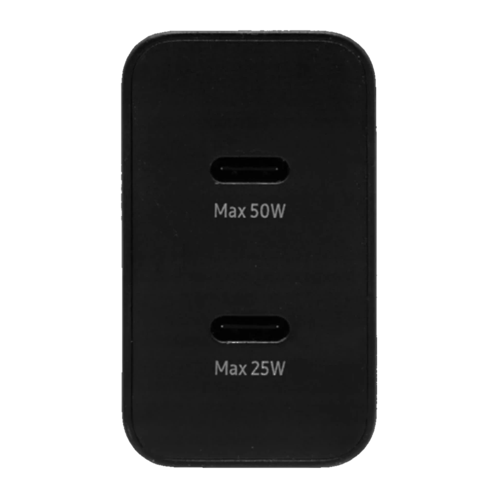 Cargador de pared negro Samsung Power Duo EP-T5020 con dos puertos USB-C frontales, salida 50W y 25W, diseño compacto con clavija europea y acabado mate - Ítem1