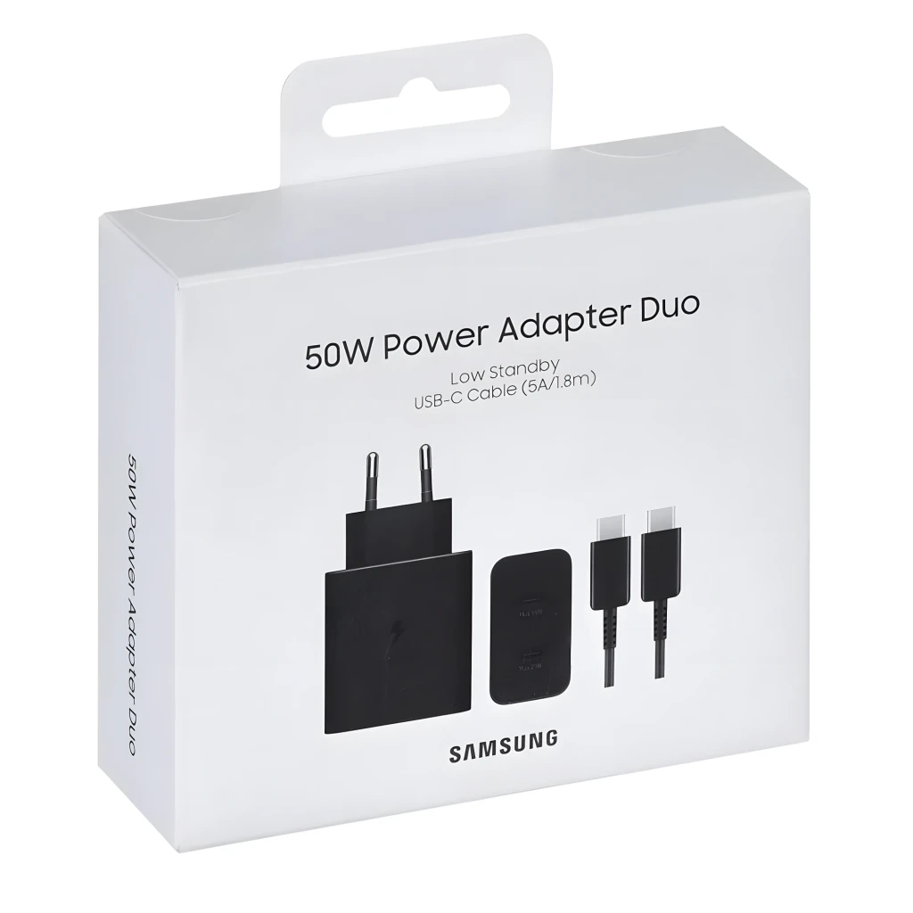 Cargador de pared negro Samsung Power Duo EP-T5020 con dos puertos USB-C frontales, salida 50W y 25W, diseño compacto con clavija europea y acabado mate - Ítem6