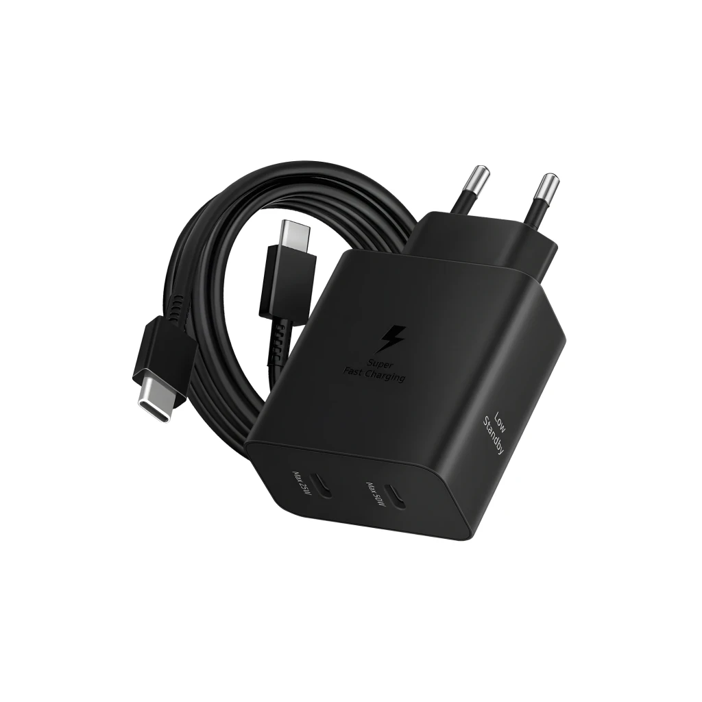 Cargador de pared negro Samsung Power Duo EP-T5020 con dos puertos USB-C frontales, salida 50W y 25W, diseño compacto con clavija europea y acabado mate - Ítem4