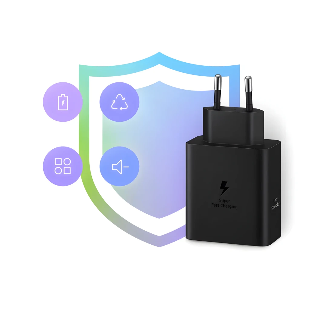Cargador de pared negro Samsung Power Duo EP-T5020 con dos puertos USB-C frontales, salida 50W y 25W, diseño compacto con clavija europea y acabado mate - Ítem5
