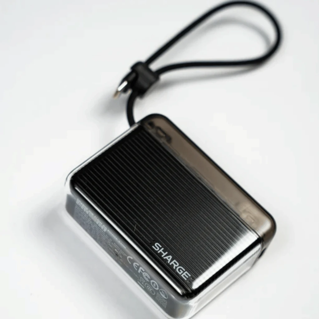 Power bank negro Sharge Flow Go 10000mAh con carcasa translúcida, acabado estriado, cable USB-C integrado lateral y correa de mano ajustable, 22.5W compacta - Ítem3