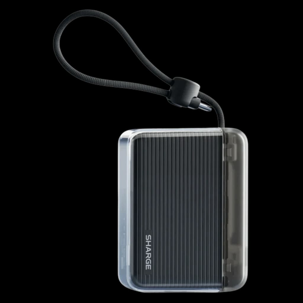 Batterie externe noire compacte à coque transparente, surface striée, câble USB-C intégré latéral, dragonne textile et design robuste de 10000 mAh 22,5 W