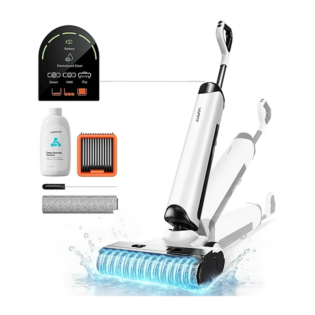 Aspirador Esfregão Uwant D500 sem fios em branco e preto, corpo fino com display no topo e rolo de limpeza largo na base para seco e húmido - Item8