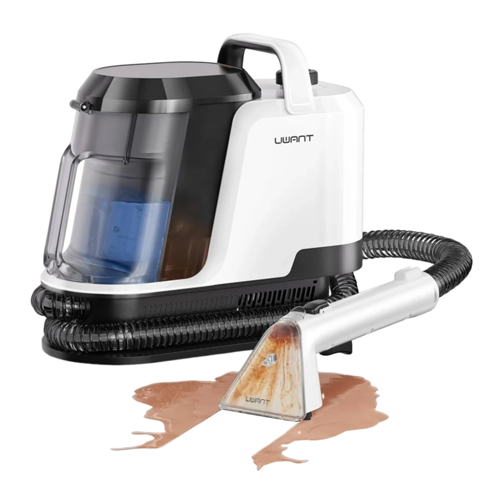 Aspirador de estofos Uwant Y100 com reservatório transparente, corpo branco e preto, mangueira flexível longa e bocal manual com gatilho para limpeza profunda - Item3