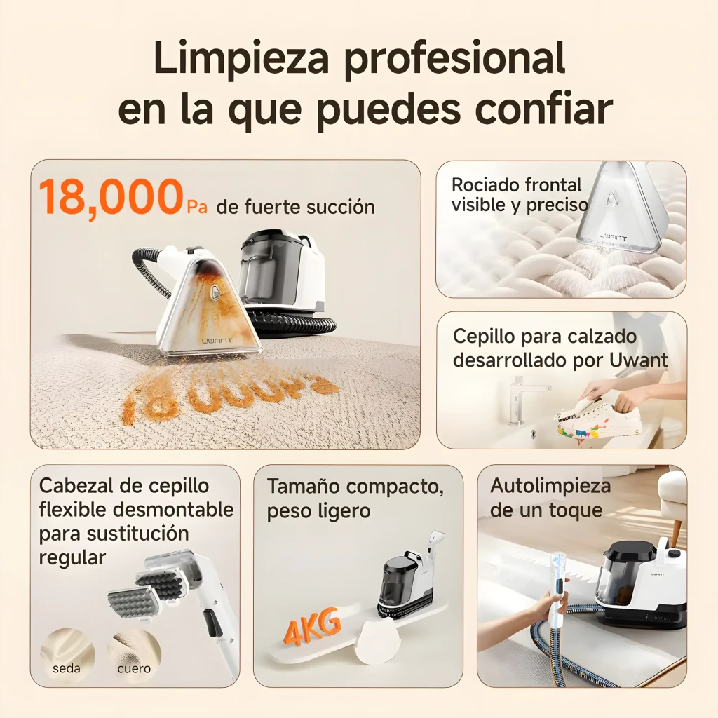 Aspirador de estofos Uwant Y100 com reservatório transparente, corpo branco e preto, mangueira flexível longa e bocal manual com gatilho para limpeza profunda - Item2