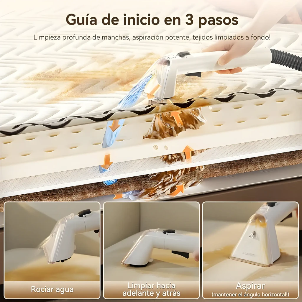Aspirador de estofos Uwant Y100 com reservatório transparente, corpo branco e preto, mangueira flexível longa e bocal manual com gatilho para limpeza profunda - Item1