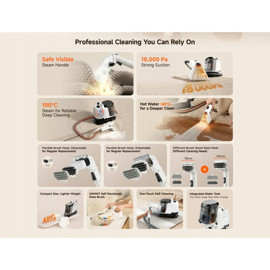 Aspirador Uwant Y100 branco e preto com reservatório transparente 1.2L, mangueira longa enrolada, pega superior e bocal de limpeza a vapor destacável - Item5