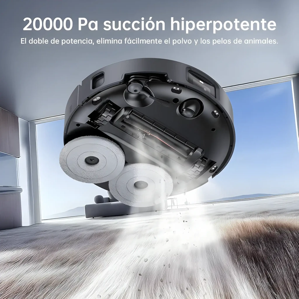 Base de autolimpeza cinza com robot aspirador JONR X1 Max, corpo circular com torre LiDAR 3D, botão vermelho, rampa frontal e compartimentos laterais - Item6