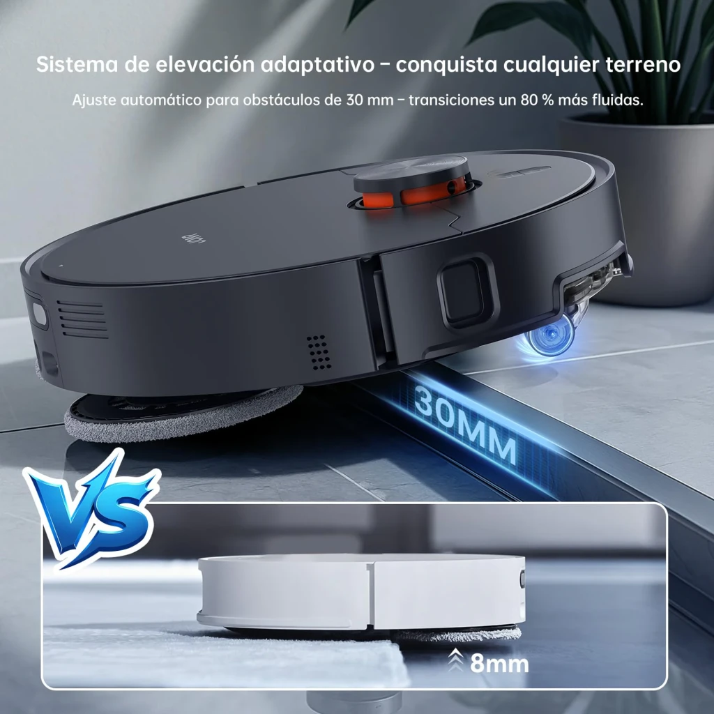Base de autolimpeza cinza com robot aspirador JONR X1 Max, corpo circular com torre LiDAR 3D, botão vermelho, rampa frontal e compartimentos laterais - Item5