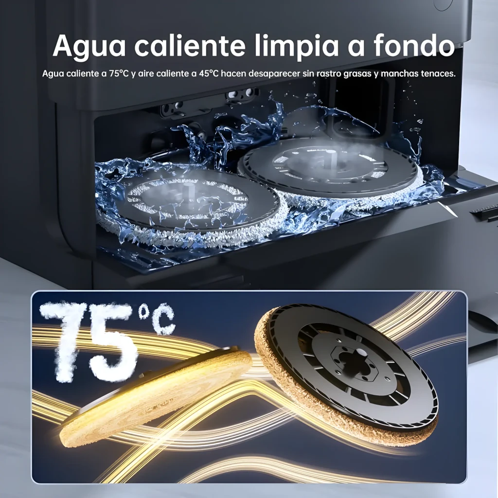 Base de autolimpeza cinza com robot aspirador JONR X1 Max, corpo circular com torre LiDAR 3D, botão vermelho, rampa frontal e compartimentos laterais - Item2