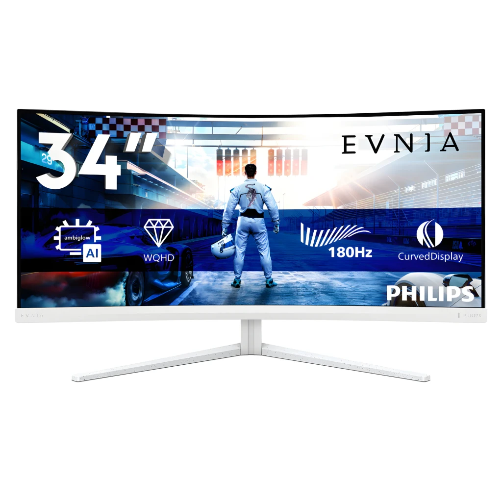 Philips Monitor Evnia 34M2C5501A 34 branco, vista frontal: tela ultralarga com cena de corrida e luzes de néon - Item6