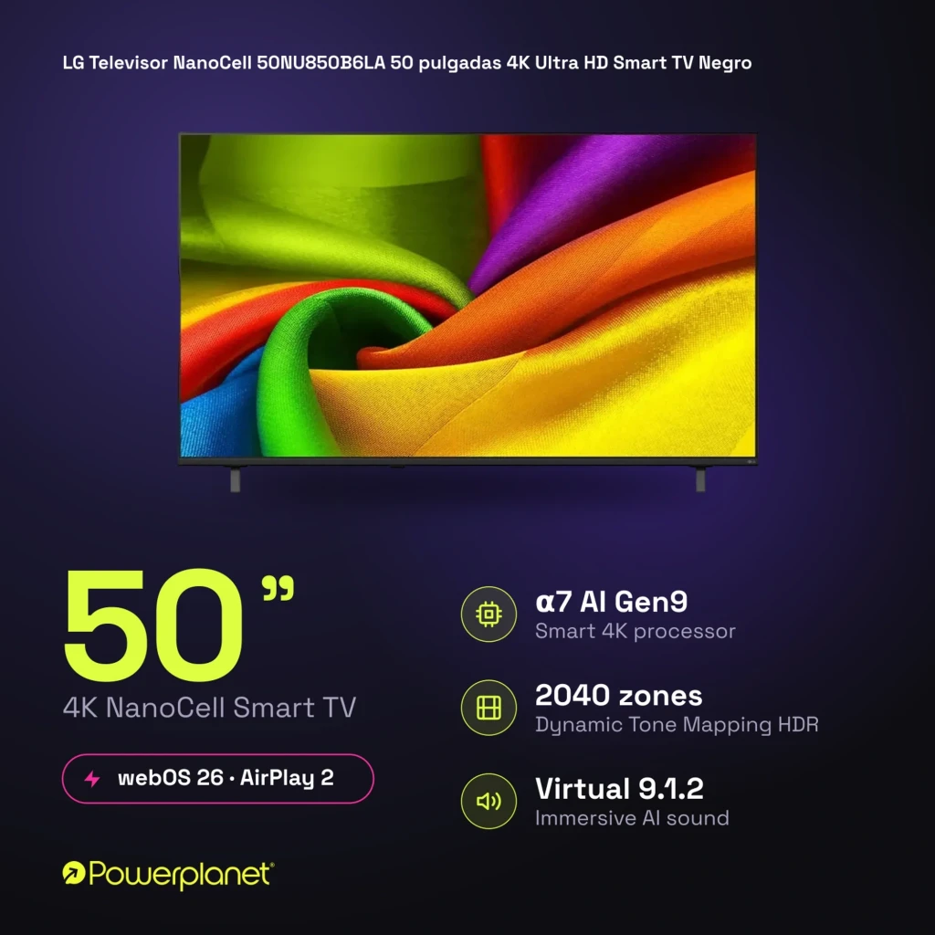LG NanoCell 50NU850B6LA negro, Smart TV 50 pulgadas 4K UHD 60Hz con webOS 26 y α7 AI Gen9; pantalla con colores vivos, gran nitidez y biseles finos - Ítem7
